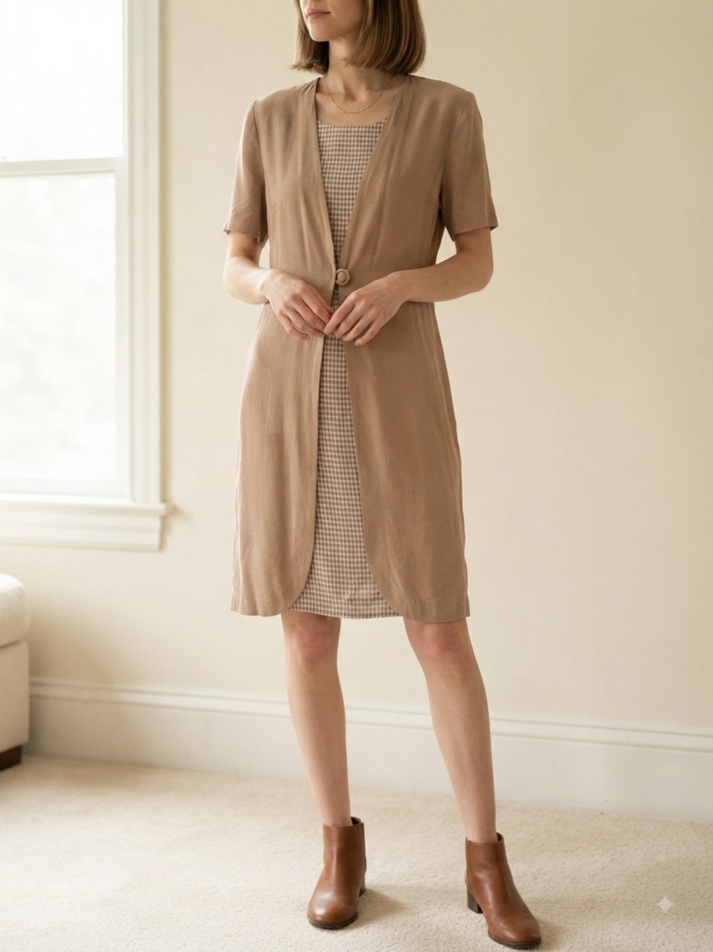 Vintage Petite Perceptions Brown Gingham Dress&Cardigan Set Size 6 Made in USA